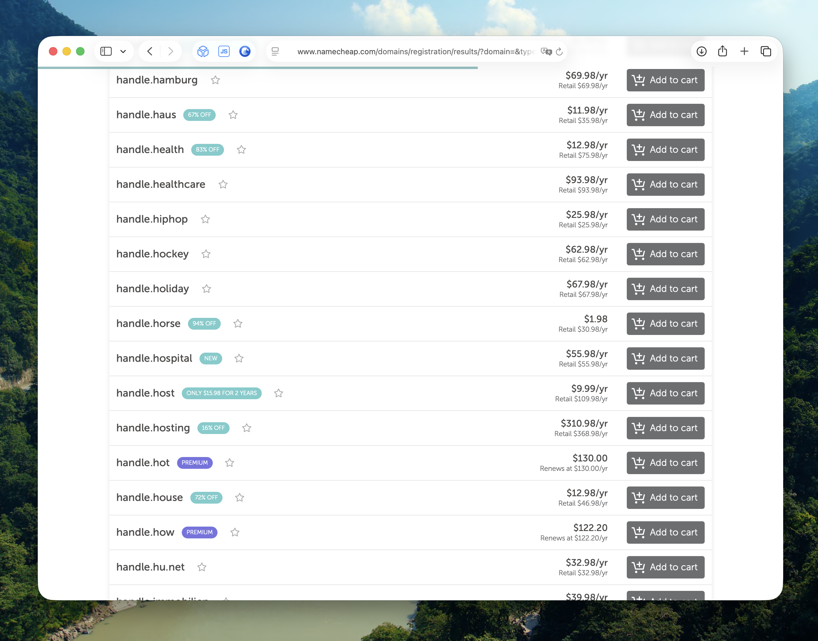 Bulk search results showing handle.horse available for $1.98