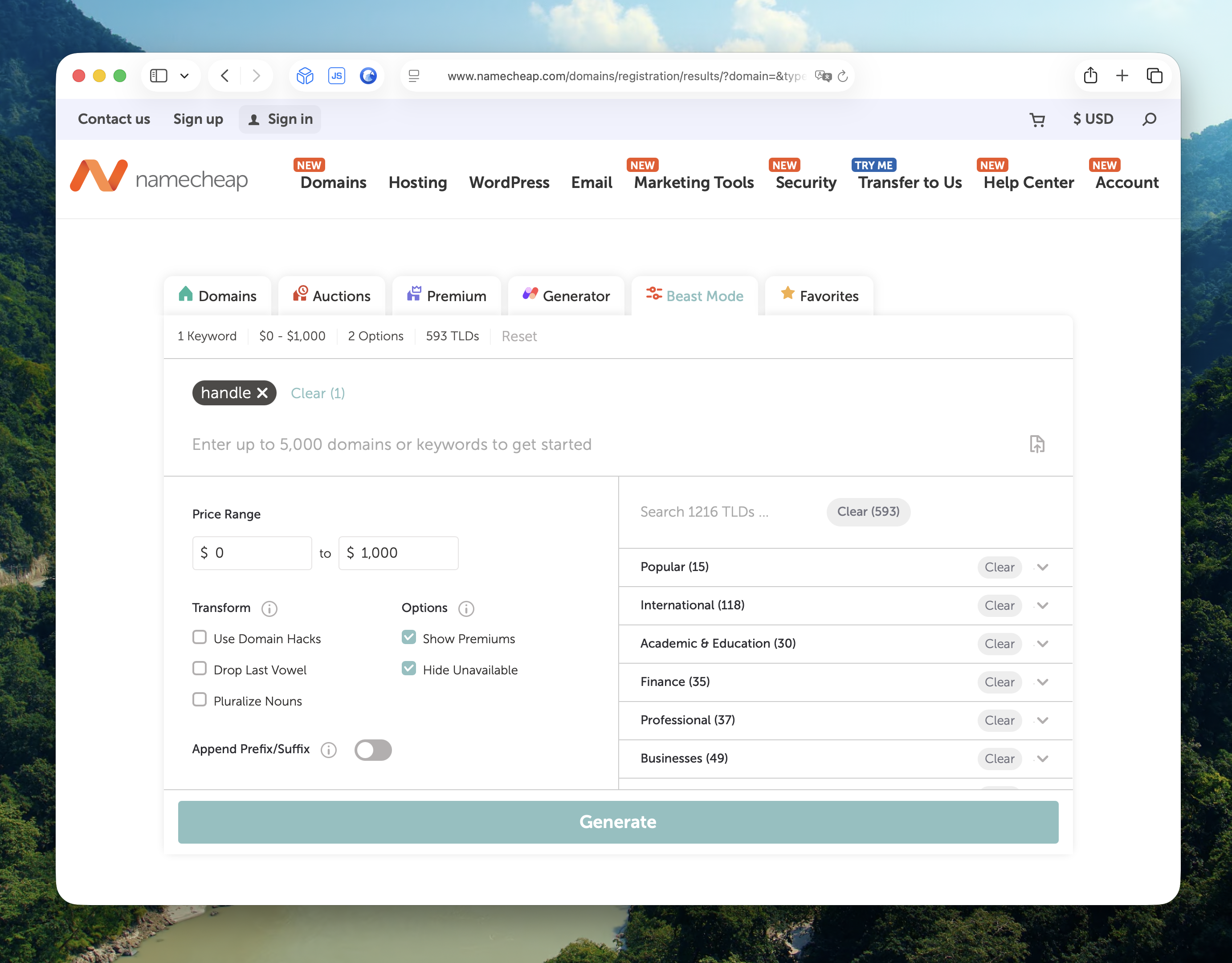 Namecheap bulk search configured to search all TLDs