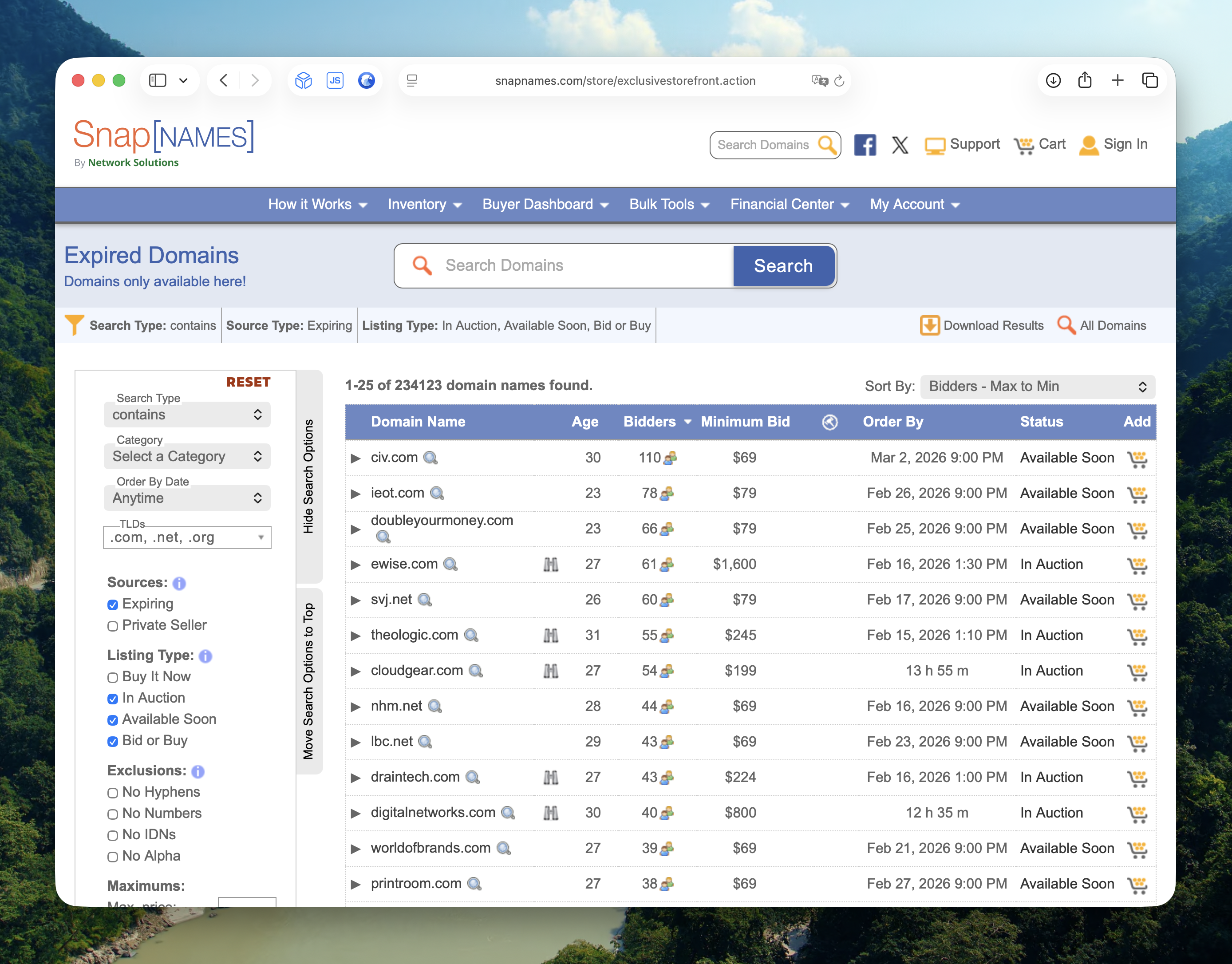 Browsing expired domain auctions on SnapNames