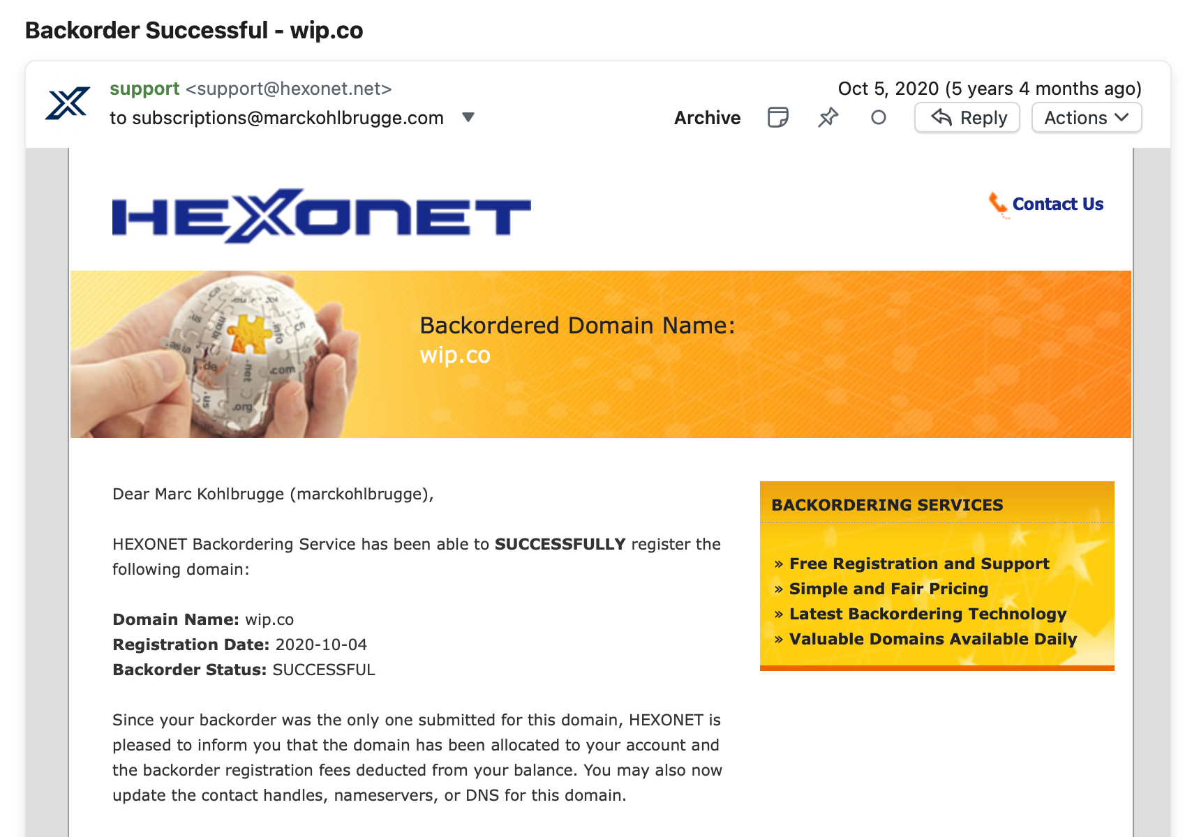 Backorder successful — wip.co was mine